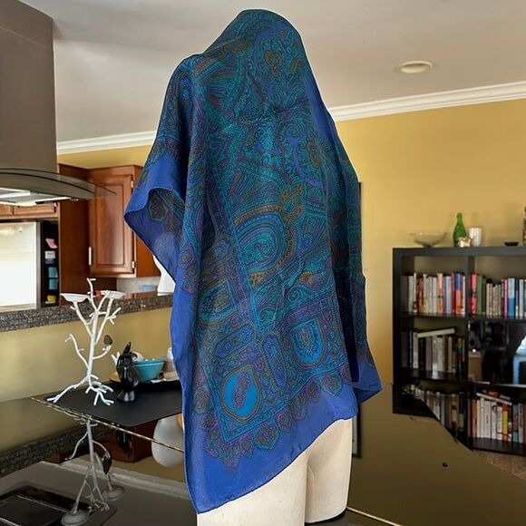 VTG Large Square Silk Cobalt Blue Teal Purple Jewel Toned Paisley Mosaic Scarf - Picture 4 of 16